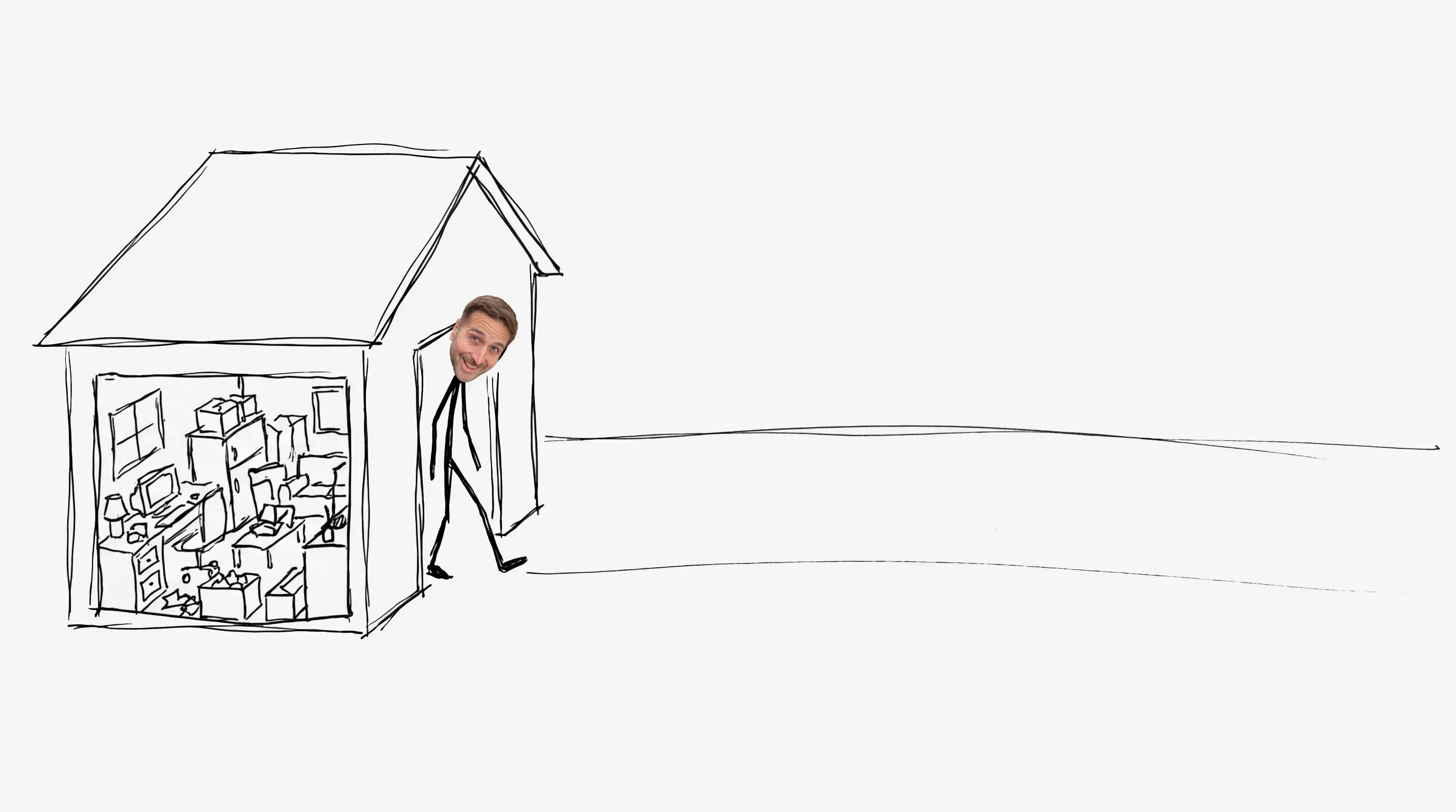 A stick figure standing in a doorway, one foot inside a small house, one foot stepping out into open space