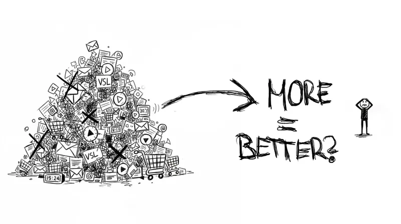 Visualization showing marketing assets piling up - VSLs, emails, checkouts with arrow asking "Is more always better?"