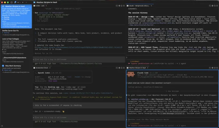 Four cmux panels open across one screen.