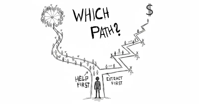 Two diverging paths - one labeled "Help-First" with connections, the other "Extract-First" with transactions
