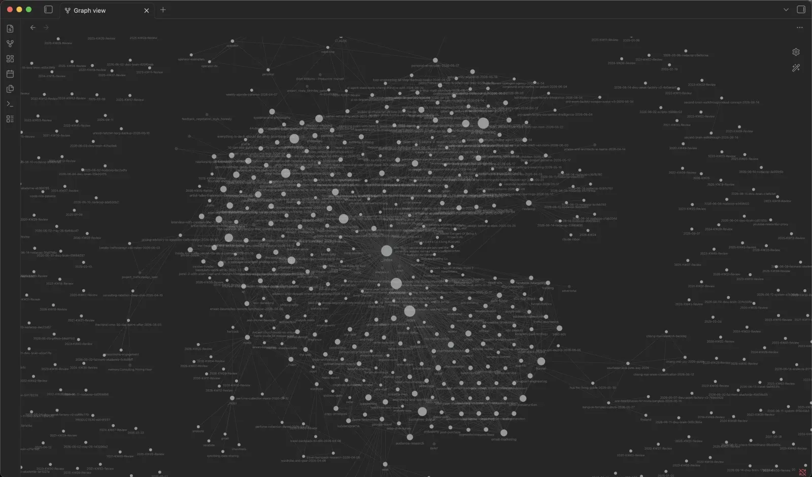 A screenshot of the graph view: hundreds of small note-dots wired into one dense, glowing web on a dark background, the whole second brain seen at once
