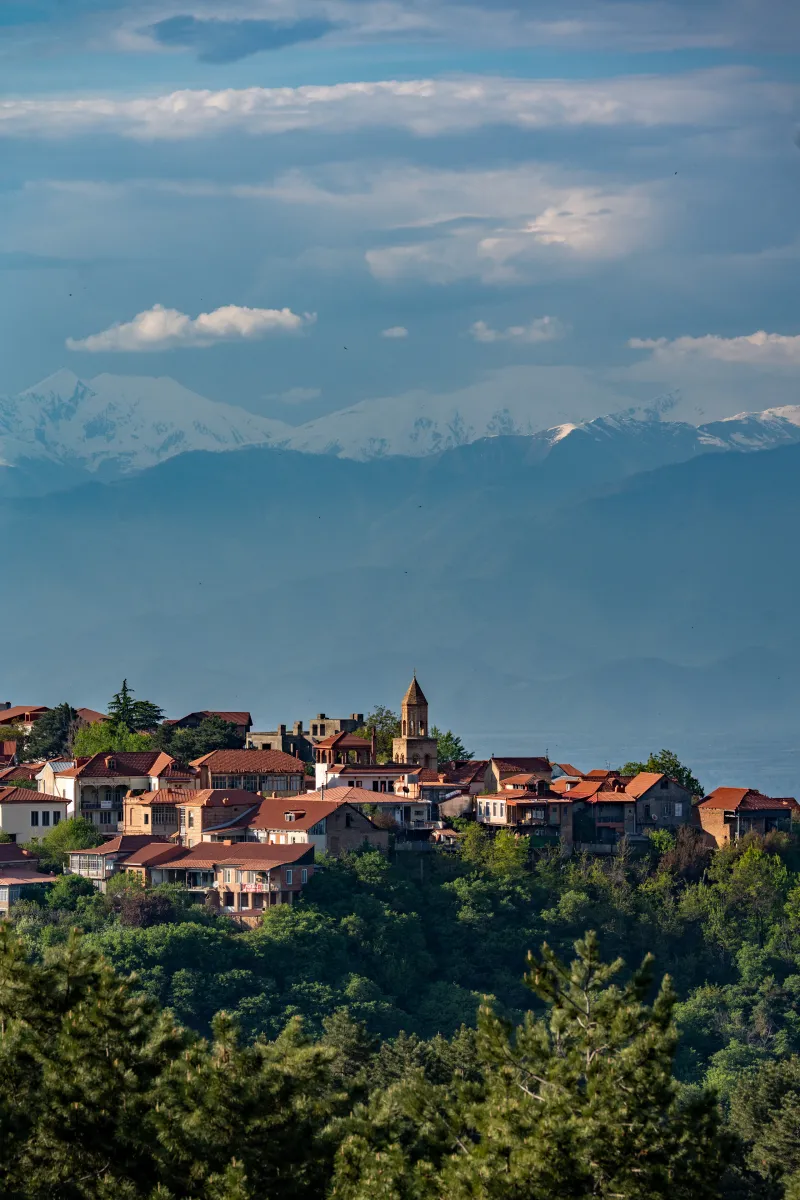 Hilltop town with the snowcapped Caucasus behind