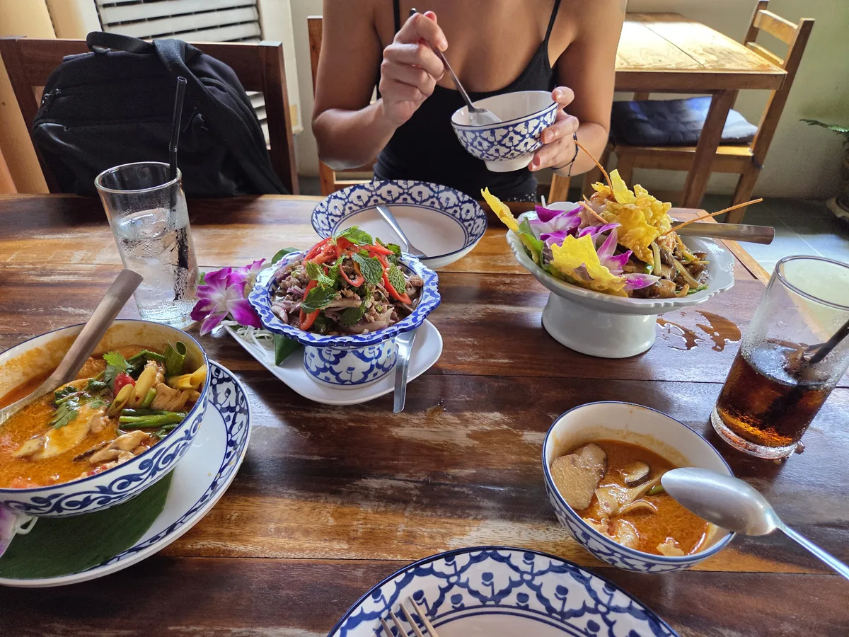 Thai lunch spread in blue porcelain